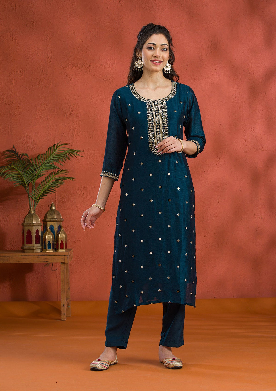 Peacock Blue Threadwork Raw Silk Readymade Salwar Suit-Koskii