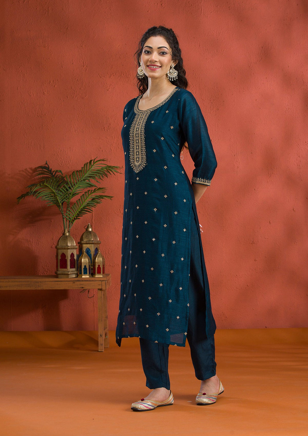 Peacock Blue Threadwork Raw Silk Readymade Salwar Suit-Koskii