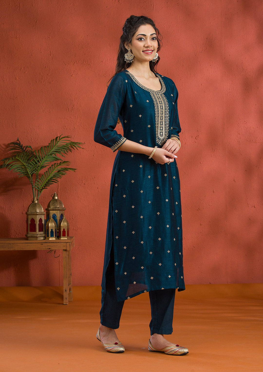 Peacock Blue Threadwork Raw Silk Readymade Salwar Suit-Koskii