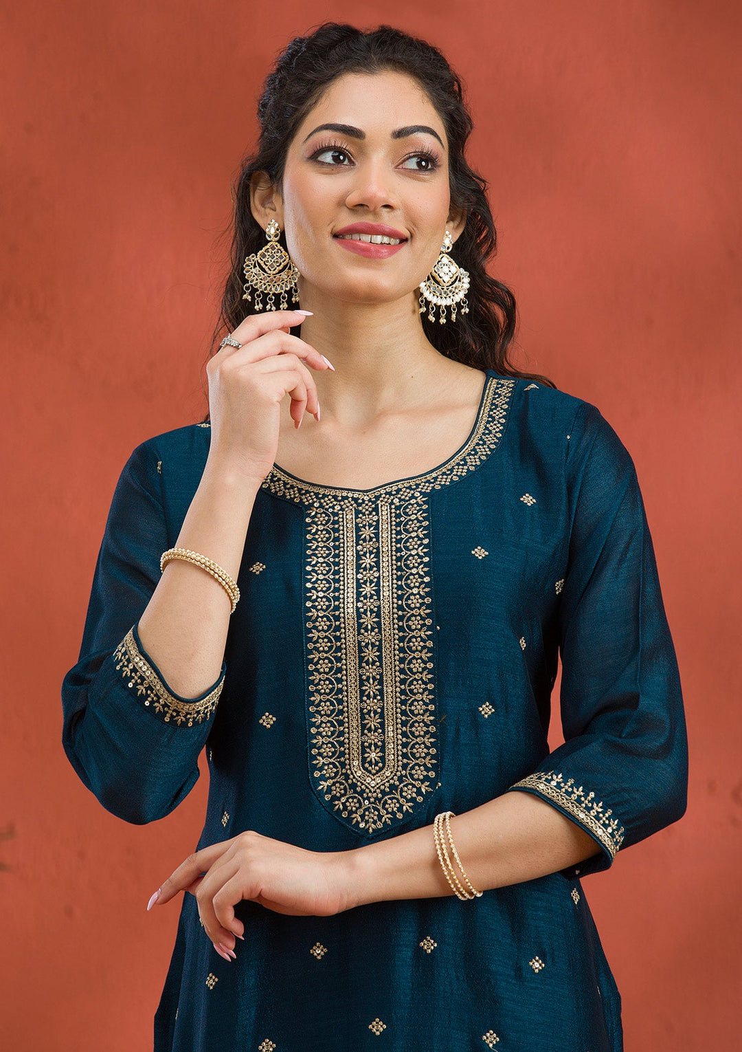 Peacock Blue Threadwork Raw Silk Readymade Salwar Suit-Koskii
