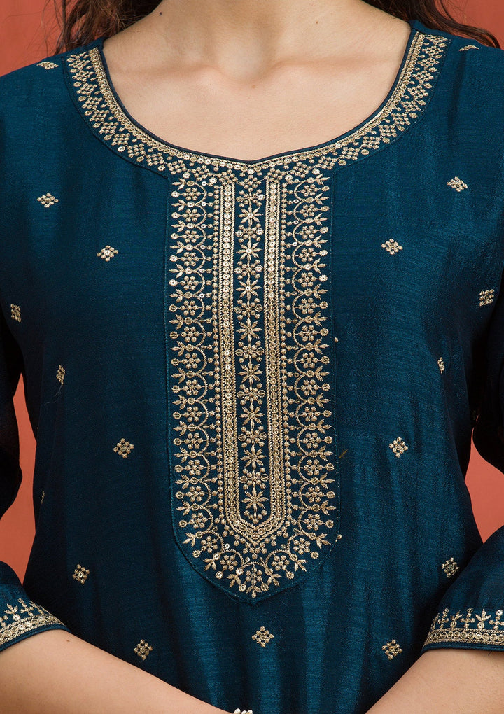 Peacock Blue Threadwork Raw Silk Readymade Salwar Suit-Koskii