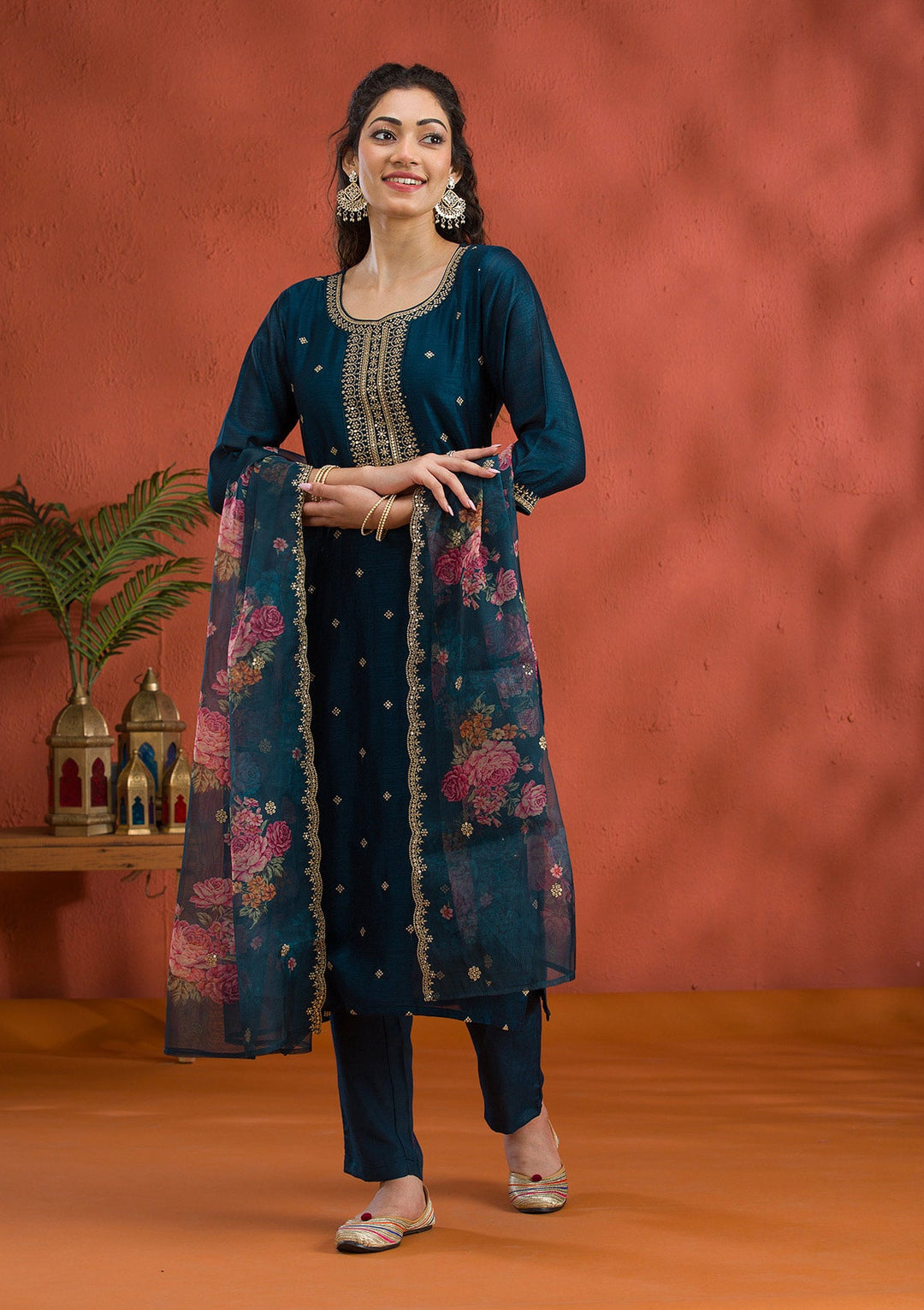 Peacock Blue Threadwork Raw Silk Readymade Salwar Suit-Koskii
