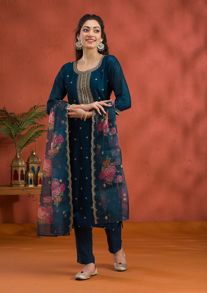 Peacock Blue Threadwork Raw Silk Readymade Salwar Suit-Koskii