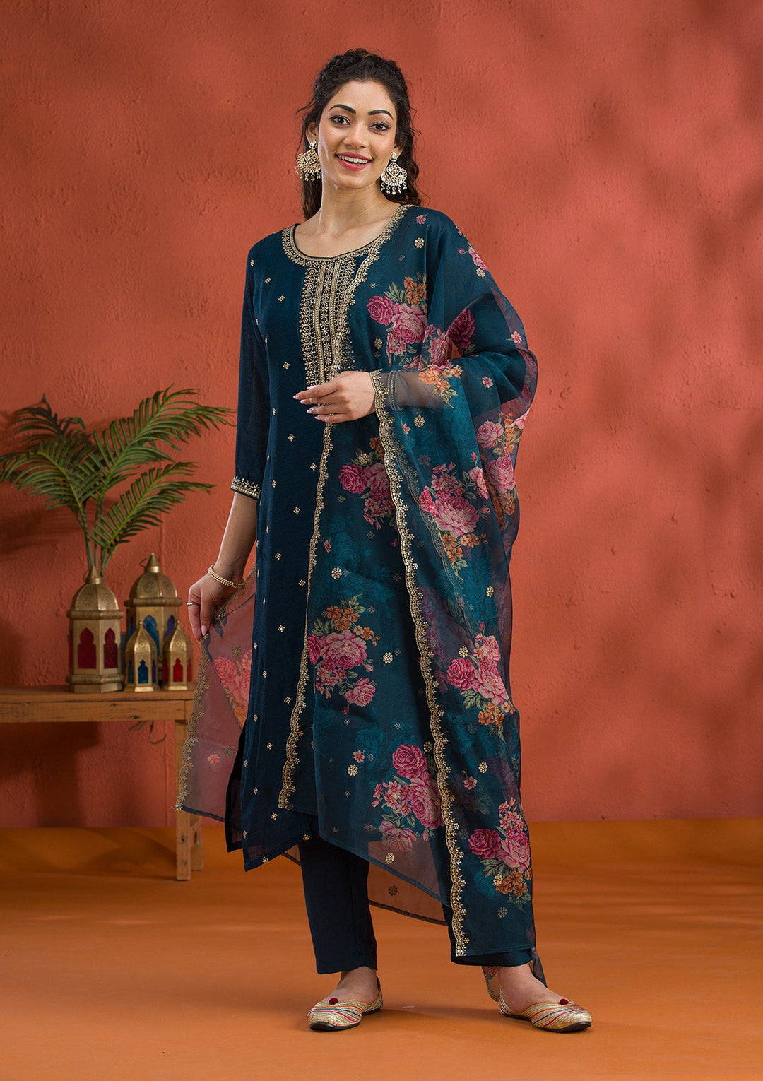 Peacock Blue Threadwork Raw Silk Readymade Salwar Suit-Koskii