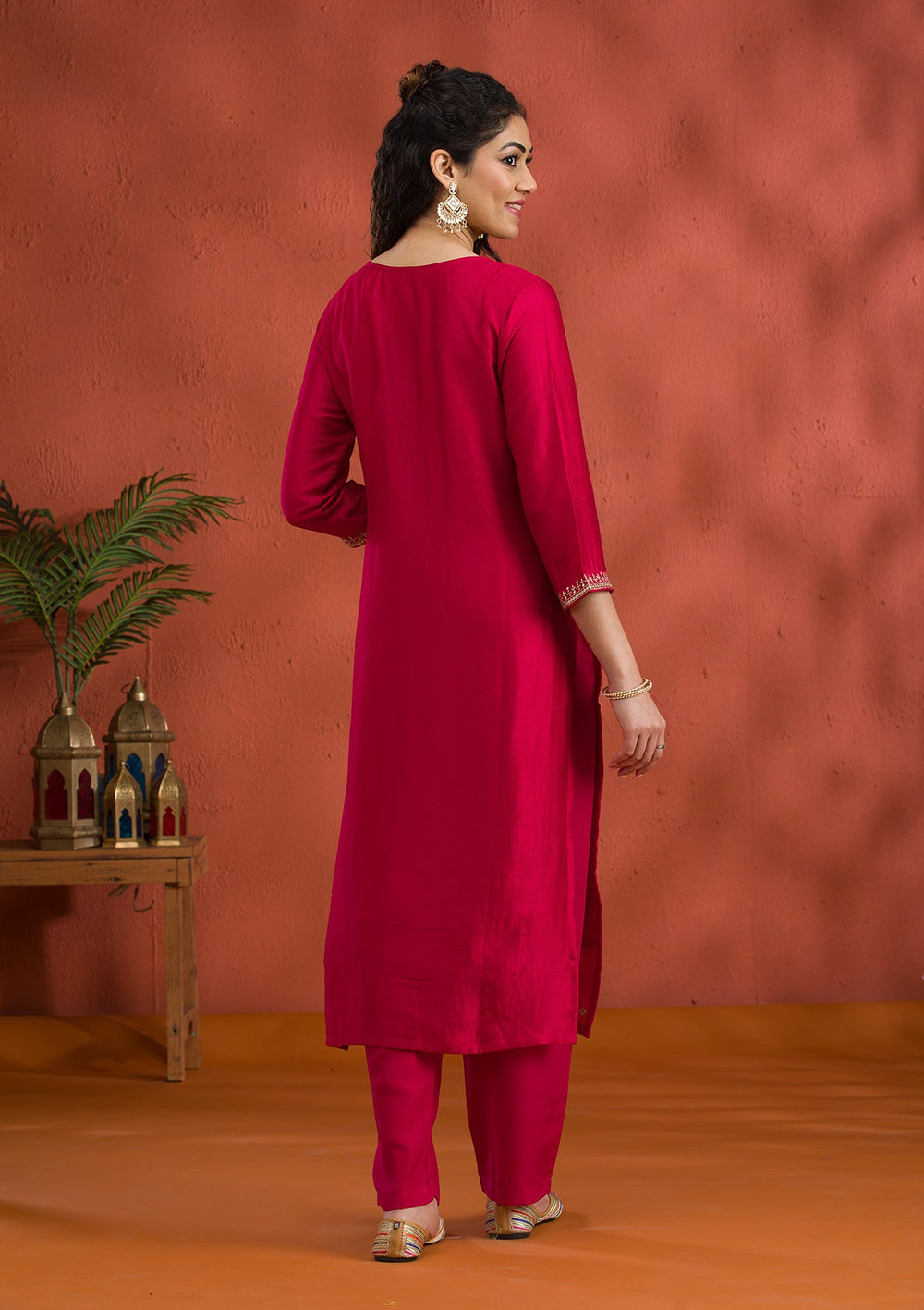 Rani Pink Threadwork Raw Silk Readymade Salwar Suit-Koskii