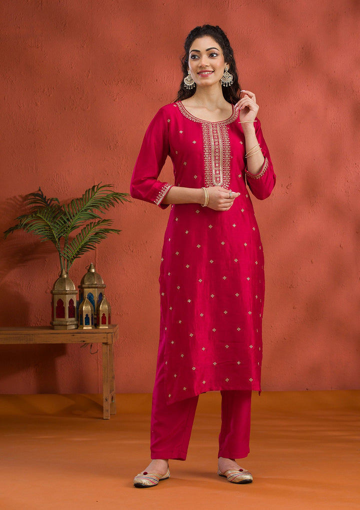 Rani Pink Threadwork Raw Silk Readymade Salwar Suit-Koskii