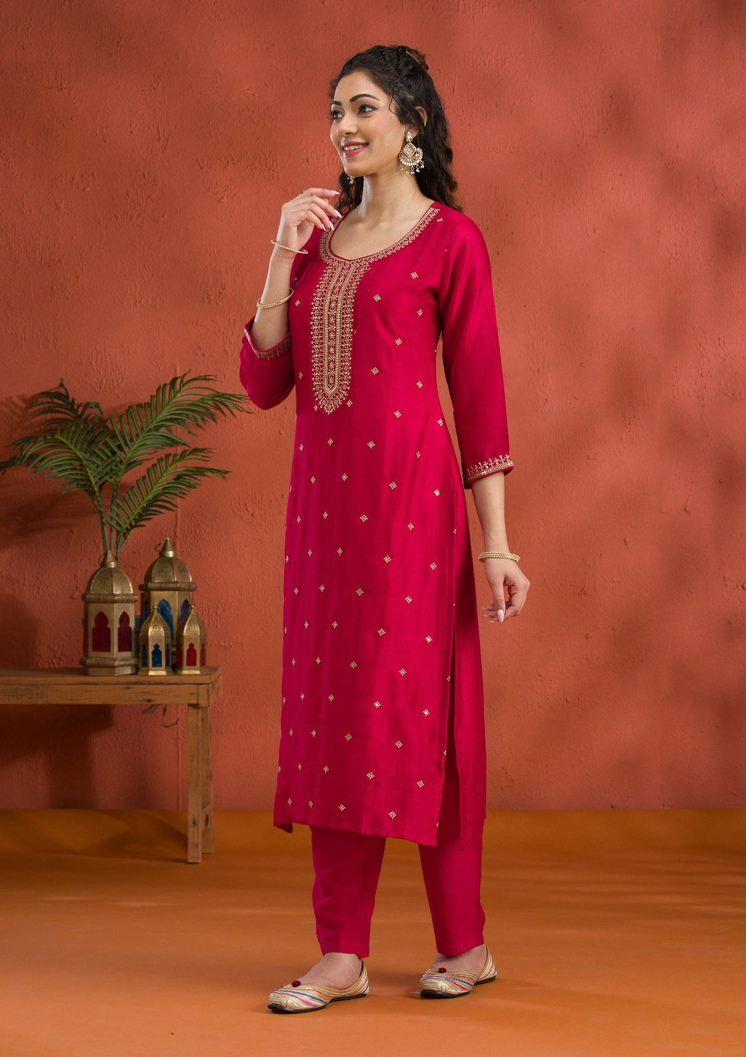 Rani Pink Threadwork Raw Silk Readymade Salwar Suit-Koskii