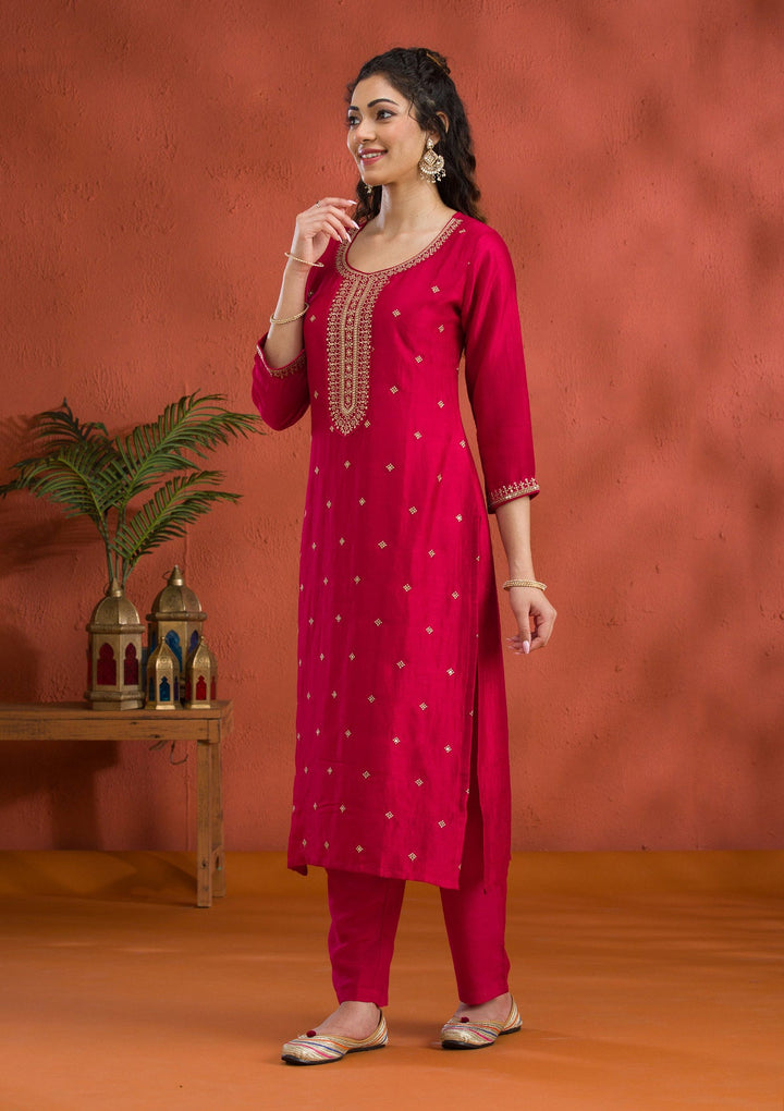 Rani Pink Threadwork Raw Silk Readymade Salwar Suit-Koskii