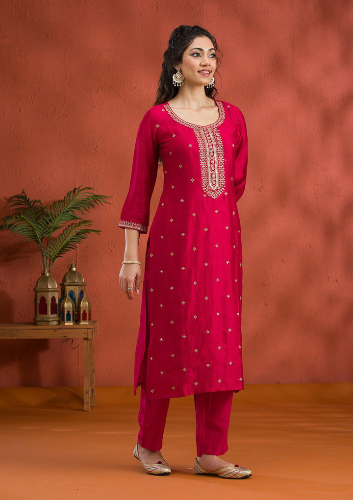 Rani Pink Threadwork Raw Silk Readymade Salwar Suit-Koskii