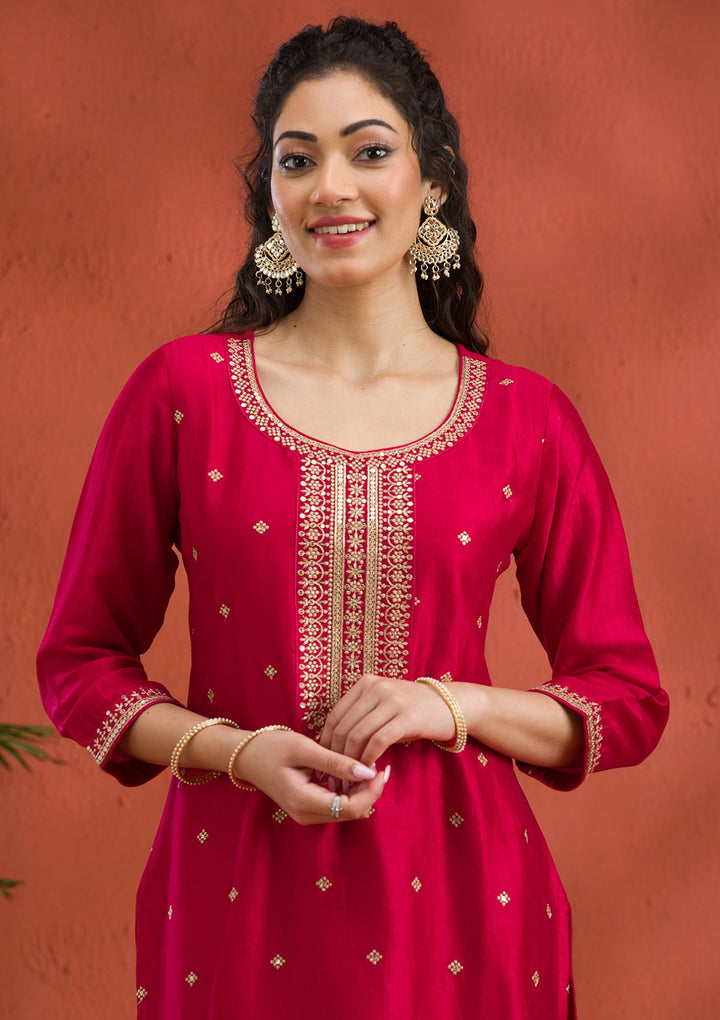 Rani Pink Threadwork Raw Silk Readymade Salwar Suit-Koskii