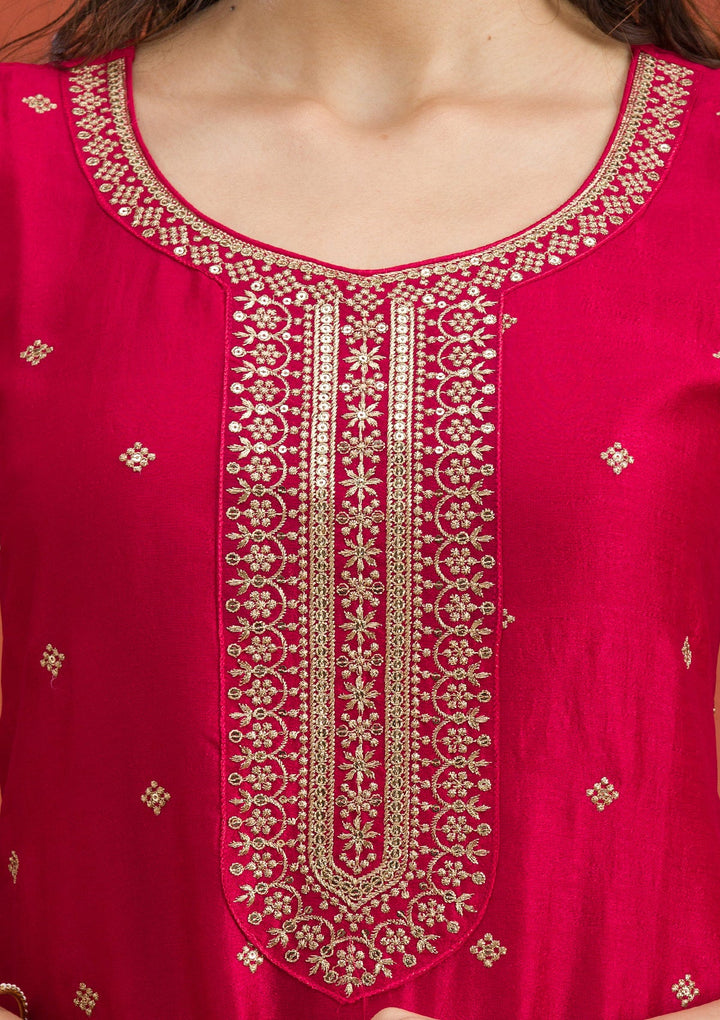 Rani Pink Threadwork Raw Silk Readymade Salwar Suit-Koskii