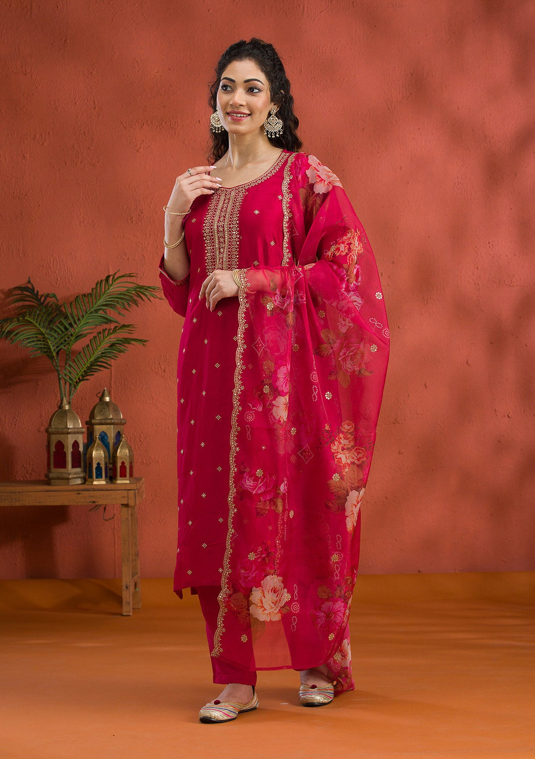 Rani Pink Threadwork Raw Silk Readymade Salwar Suit-Koskii