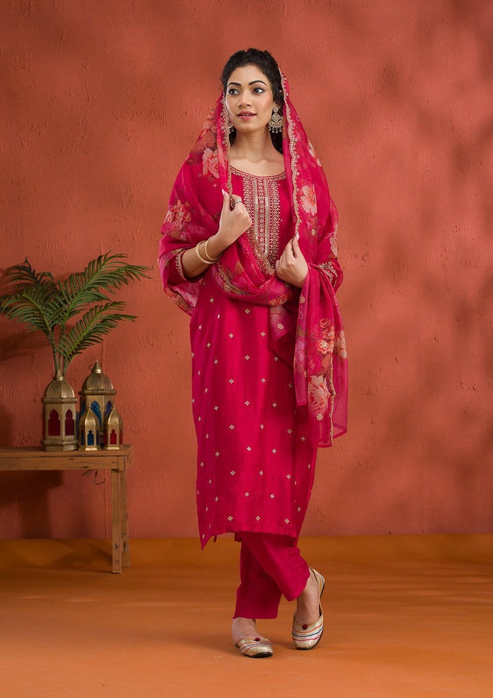 Rani Pink Threadwork Raw Silk Readymade Salwar Suit-Koskii