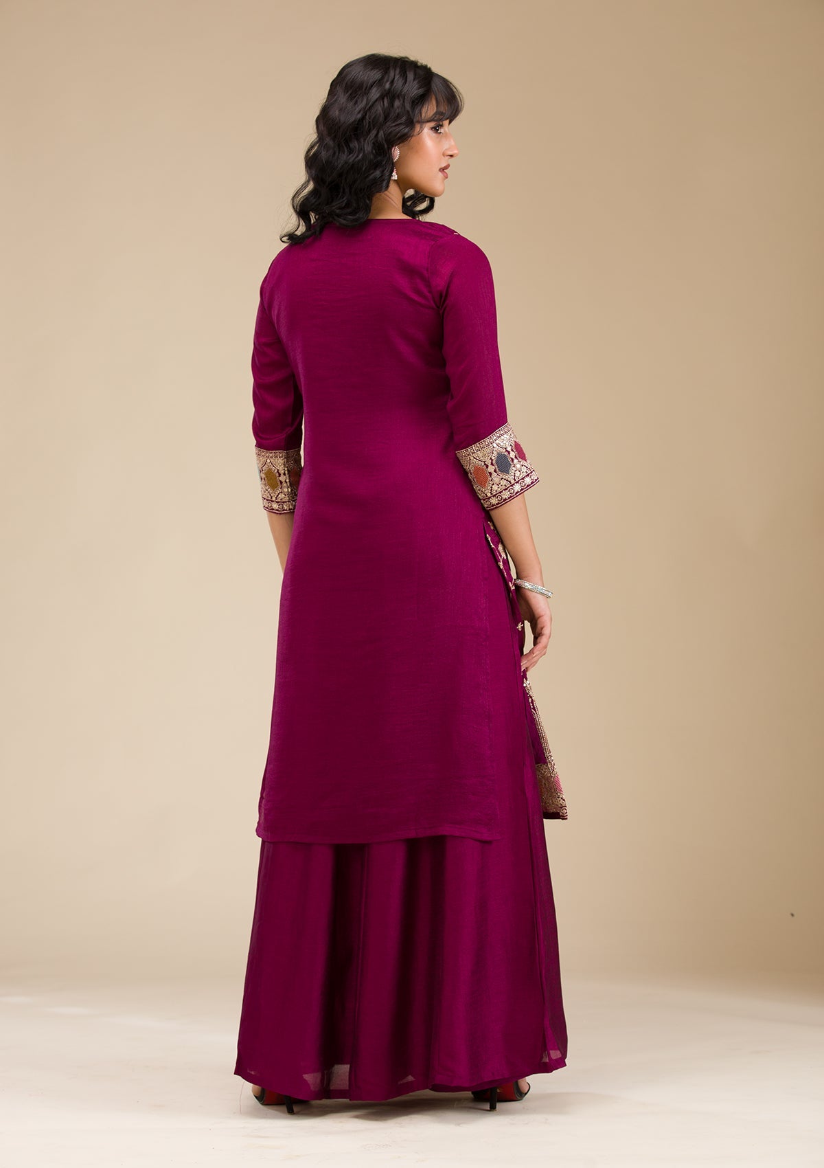 Wine Zariwork (Gold) Soft Raw Silk Readymade Salwar Suit-koskii