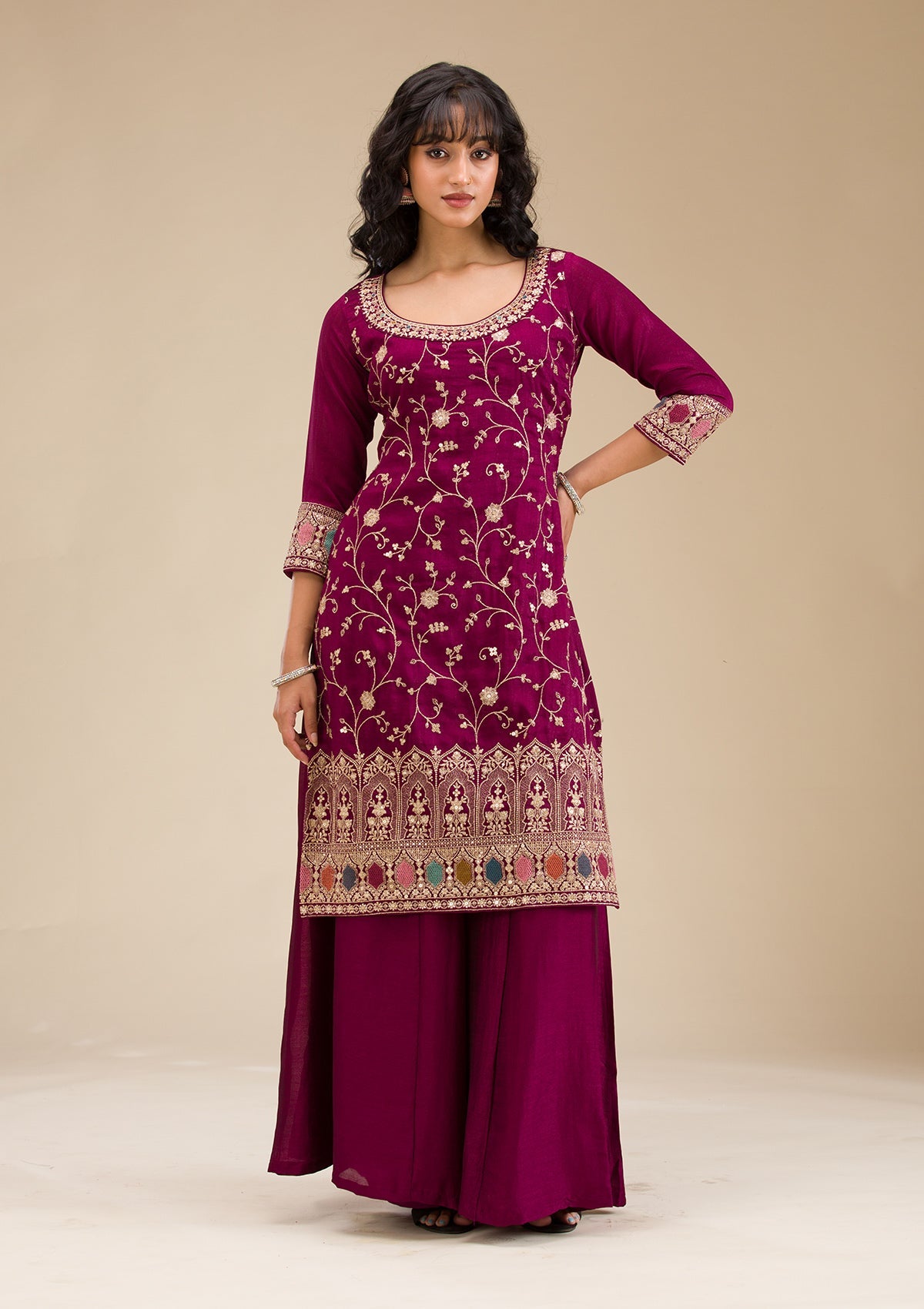 Wine Zariwork (Gold) Soft Raw Silk Readymade Salwar Suit-koskii