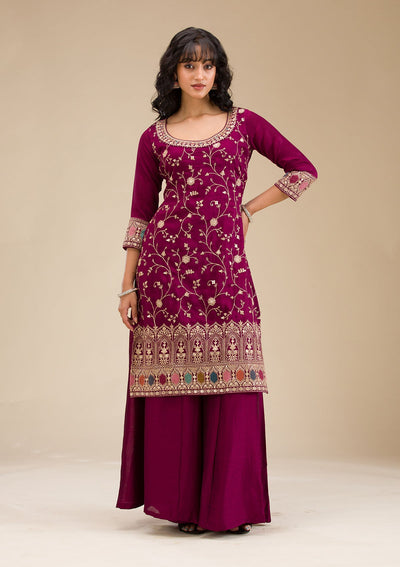 Wine Zariwork (Gold) Soft Raw Silk Readymade Salwar Suit-koskii