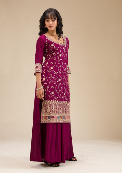 Wine Zariwork (Gold) Soft Raw Silk Readymade Salwar Suit-koskii
