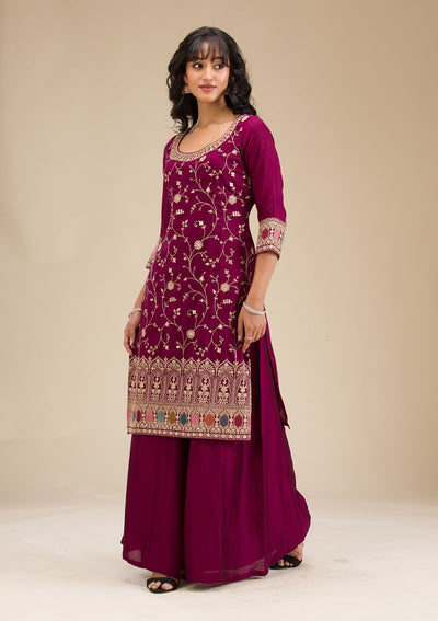 Wine Zariwork (Gold) Soft Raw Silk Readymade Salwar Suit-koskii