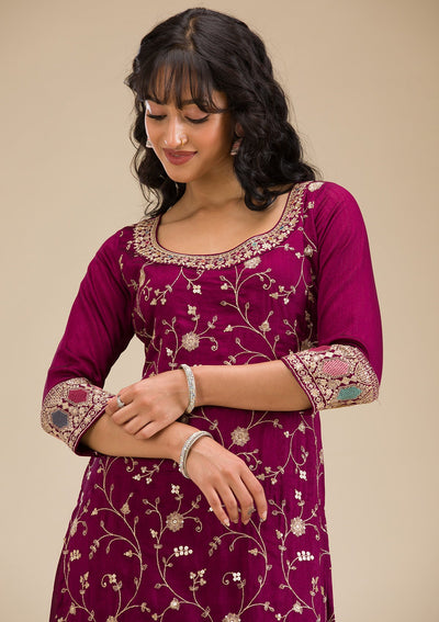 Wine Zariwork (Gold) Soft Raw Silk Readymade Salwar Suit-koskii