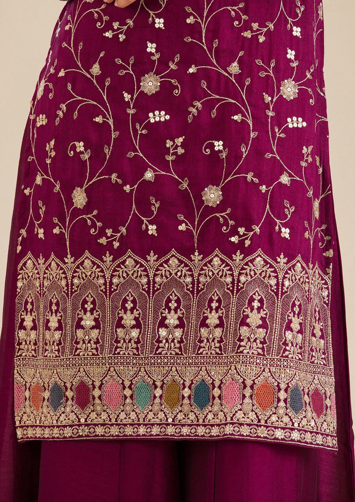 Wine Zariwork (Gold) Soft Raw Silk Readymade Salwar Suit-koskii