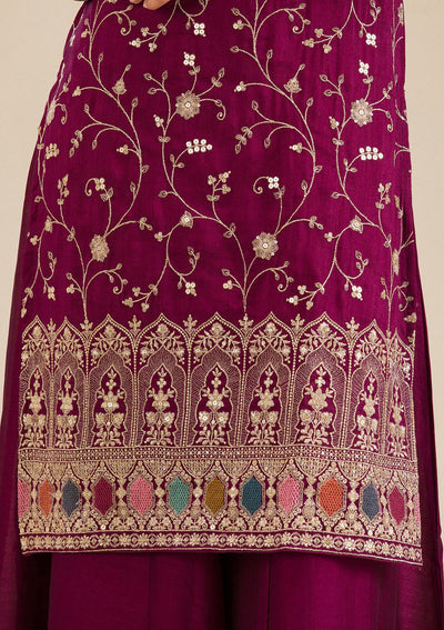 Wine Zariwork (Gold) Soft Raw Silk Readymade Salwar Suit-koskii