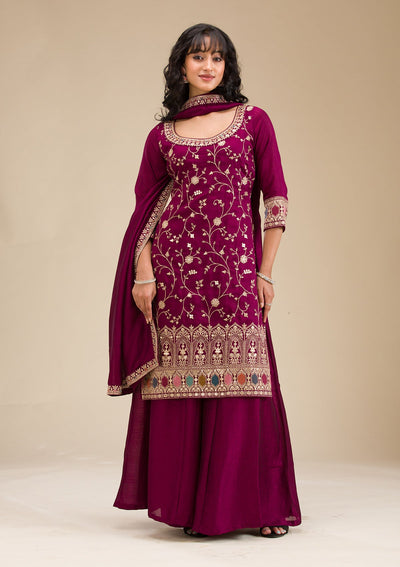 Wine Zariwork (Gold) Soft Raw Silk Readymade Salwar Suit-koskii
