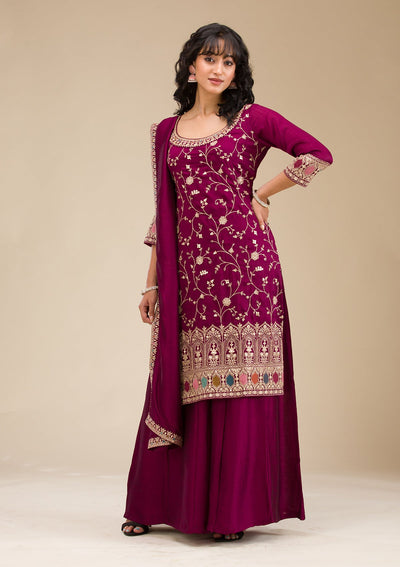 Wine Zariwork (Gold) Soft Raw Silk Readymade Salwar Suit-koskii