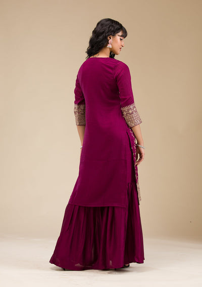 Wine Zariwork (Gold) Soft Raw Silk Readymade Salwar Suit-koskii