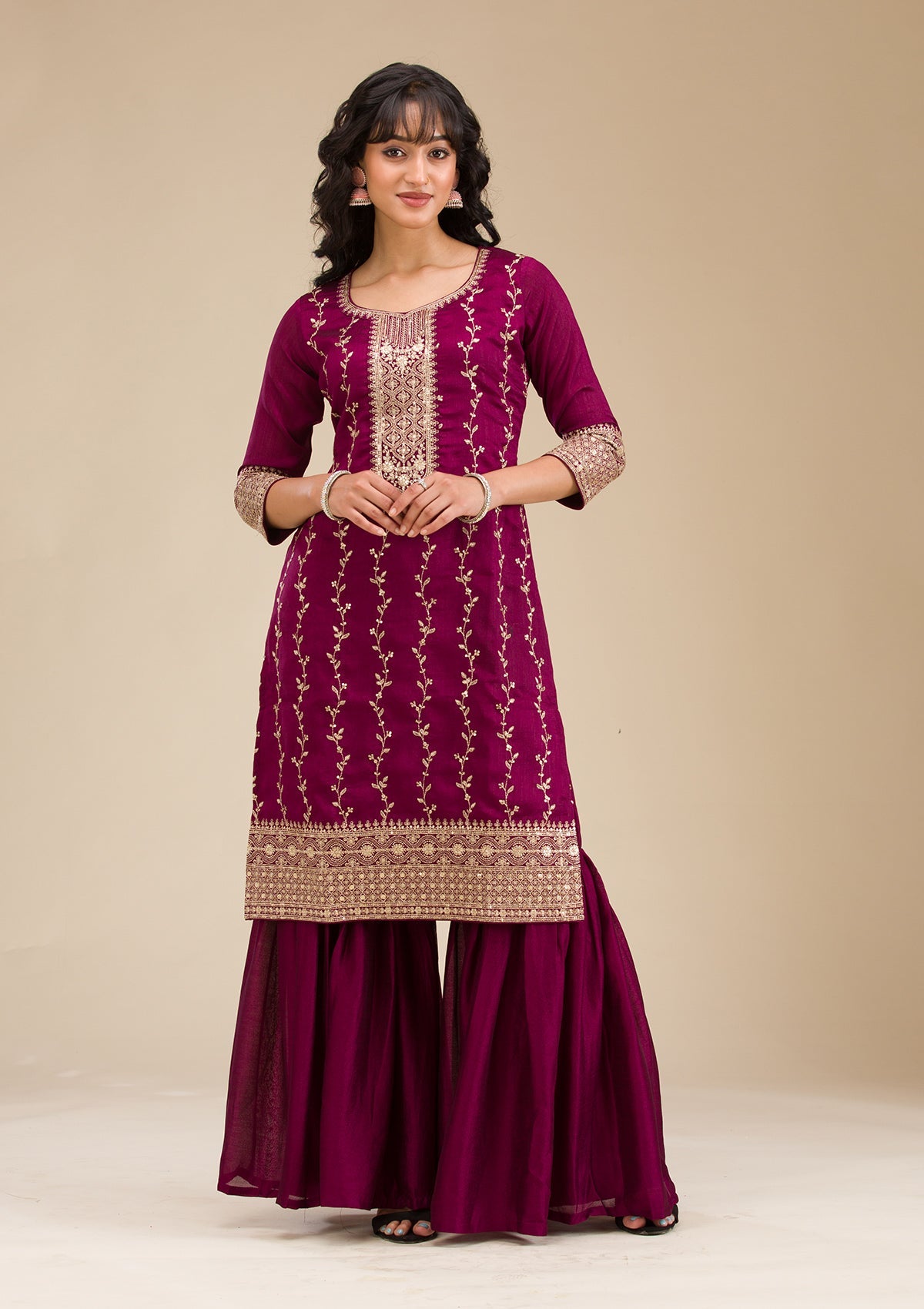 Wine Zariwork (Gold) Soft Raw Silk Readymade Salwar Suit-koskii