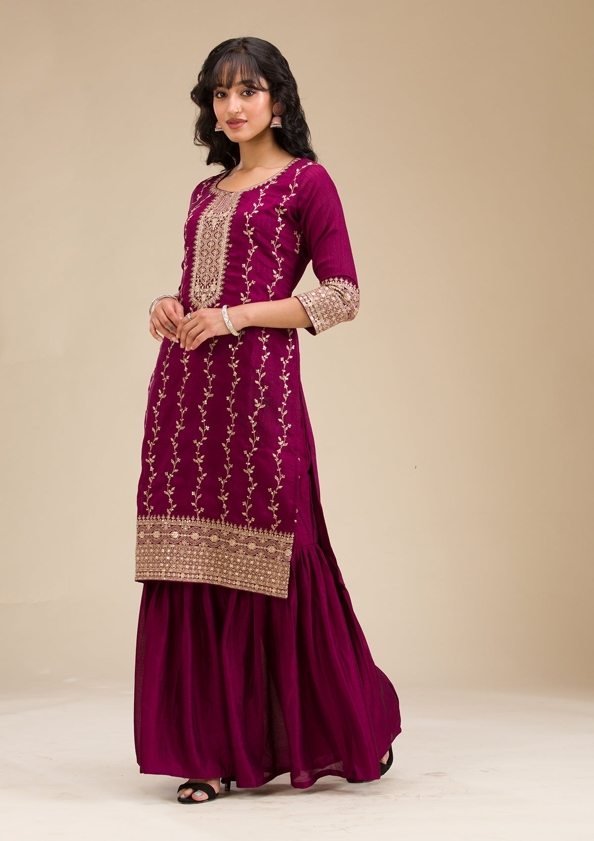 Wine Zariwork (Gold) Soft Raw Silk Readymade Salwar Suit-koskii