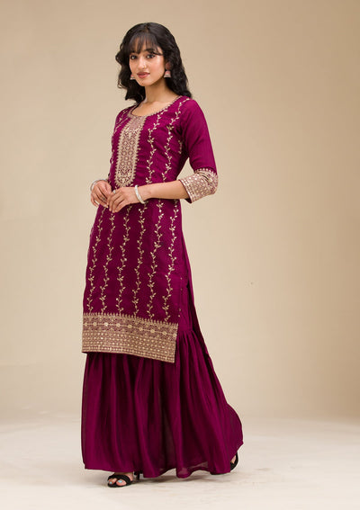 Wine Zariwork (Gold) Soft Raw Silk Readymade Salwar Suit-koskii