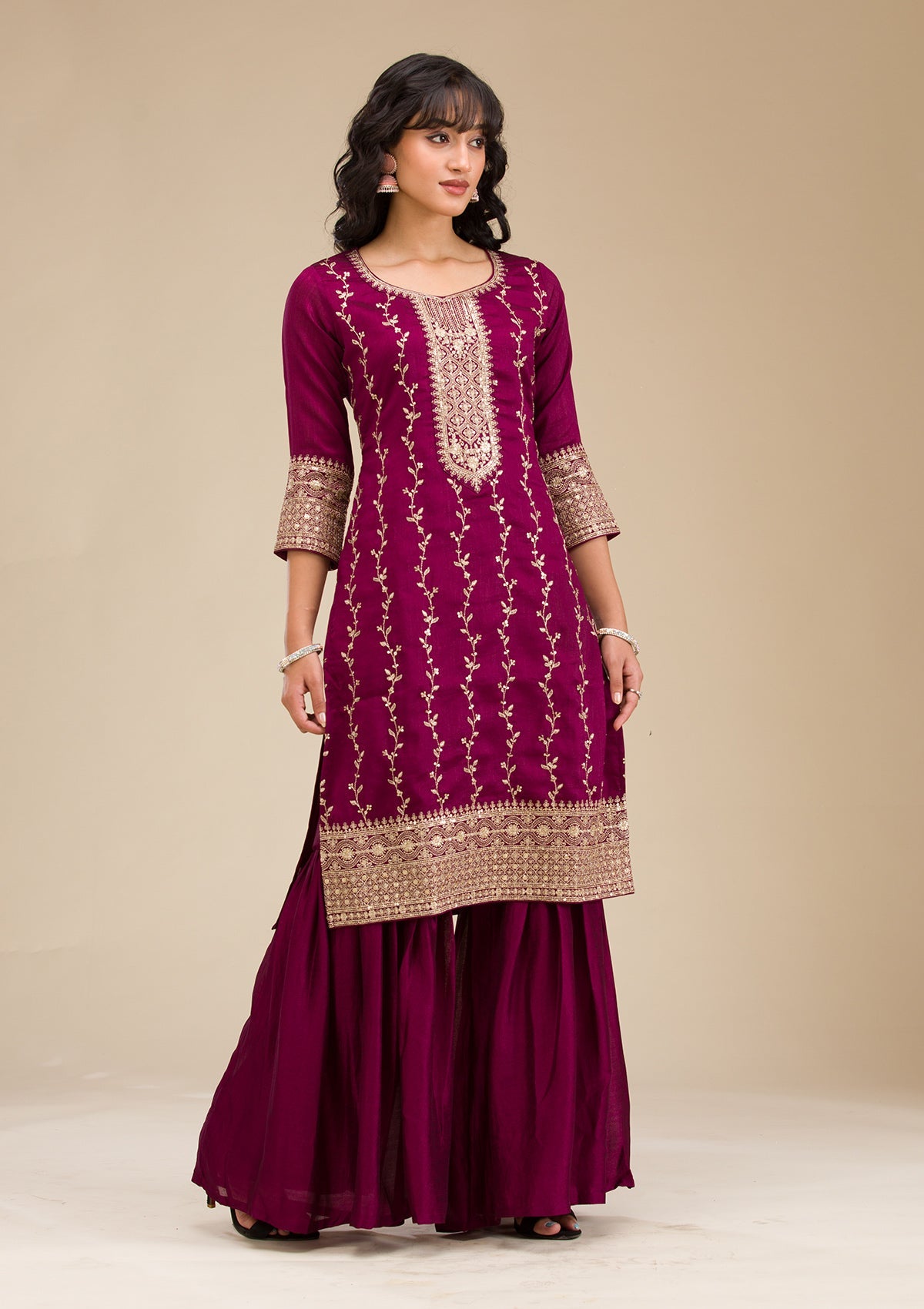 Wine Zariwork (Gold) Soft Raw Silk Readymade Salwar Suit-koskii