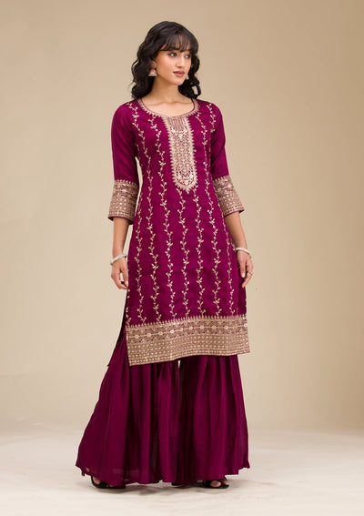 Wine Zariwork (Gold) Soft Raw Silk Readymade Salwar Suit-koskii