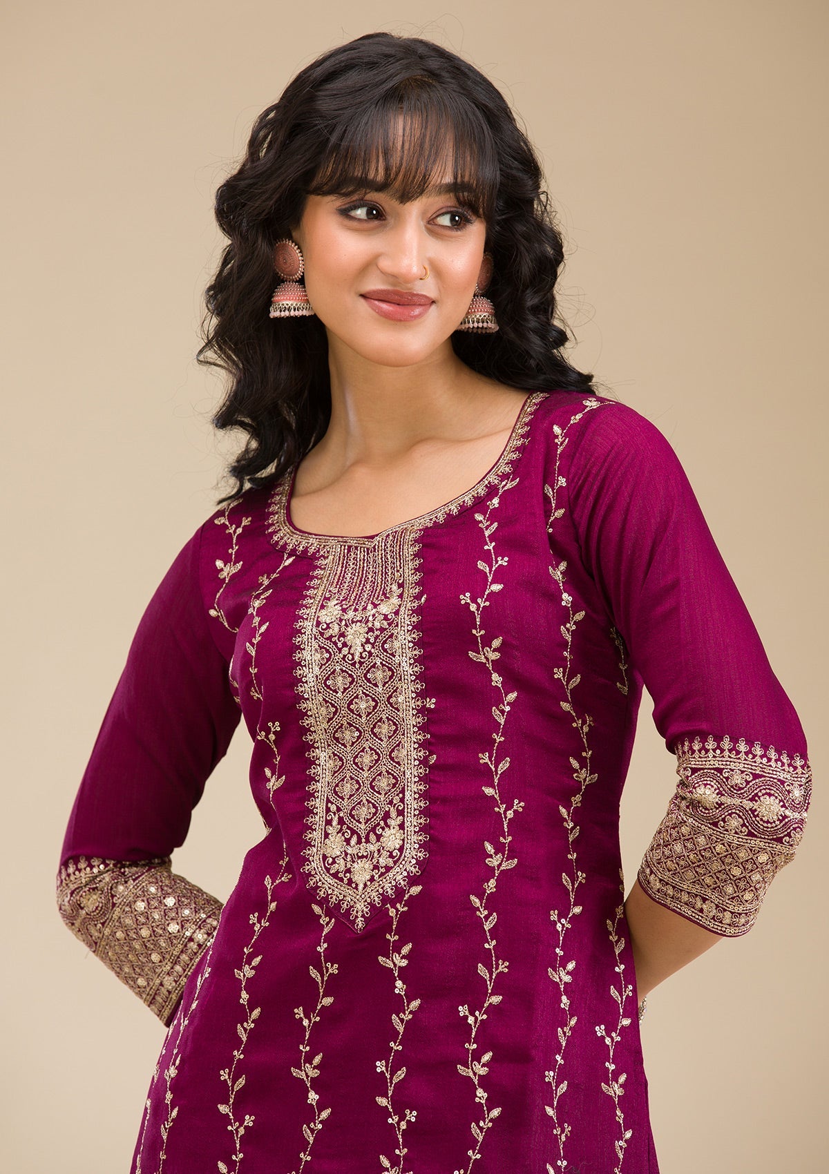 Wine Zariwork (Gold) Soft Raw Silk Readymade Salwar Suit-koskii