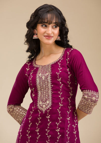 Wine Zariwork (Gold) Soft Raw Silk Readymade Salwar Suit-koskii