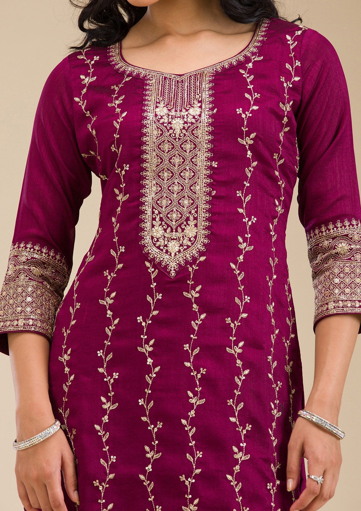 Wine Zariwork (Gold) Soft Raw Silk Readymade Salwar Suit-koskii