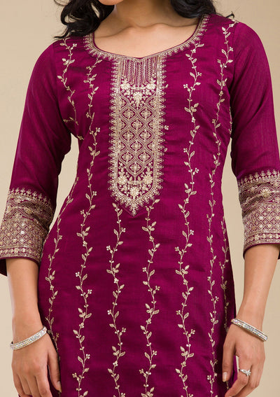 Wine Zariwork (Gold) Soft Raw Silk Readymade Salwar Suit-koskii