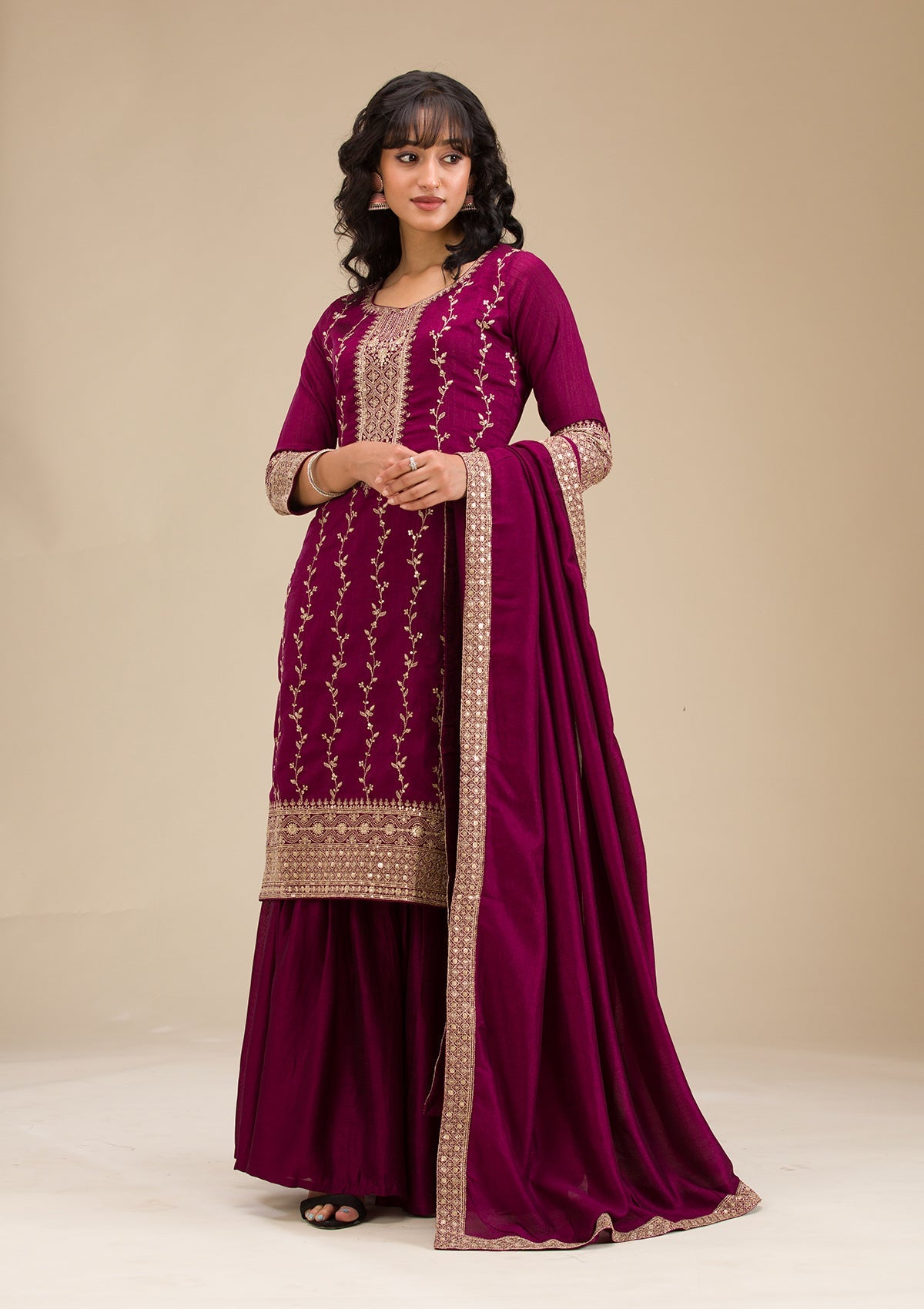 Wine Zariwork (Gold) Soft Raw Silk Readymade Salwar Suit-koskii