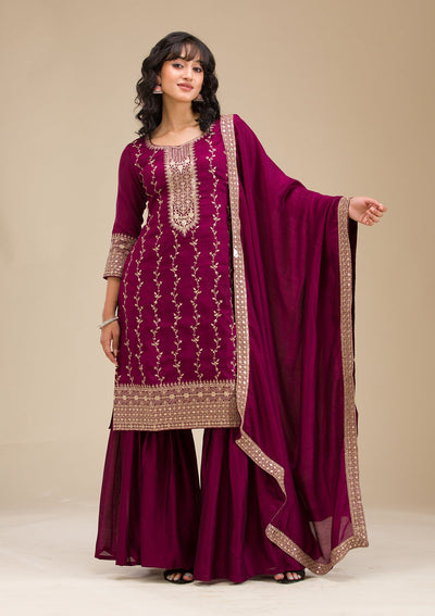 Wine Zariwork (Gold) Soft Raw Silk Readymade Salwar Suit-koskii