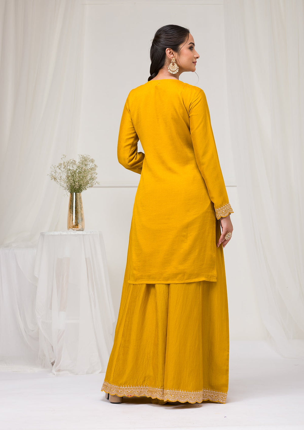 Mustard Zariwork Raw Silk Readymade Salwar Suit-Koskii