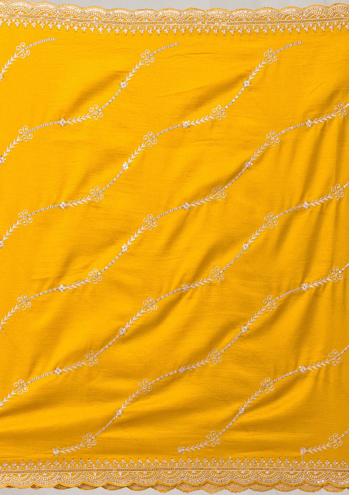 Mustard Zariwork Raw Silk Readymade Salwar Suit-Koskii