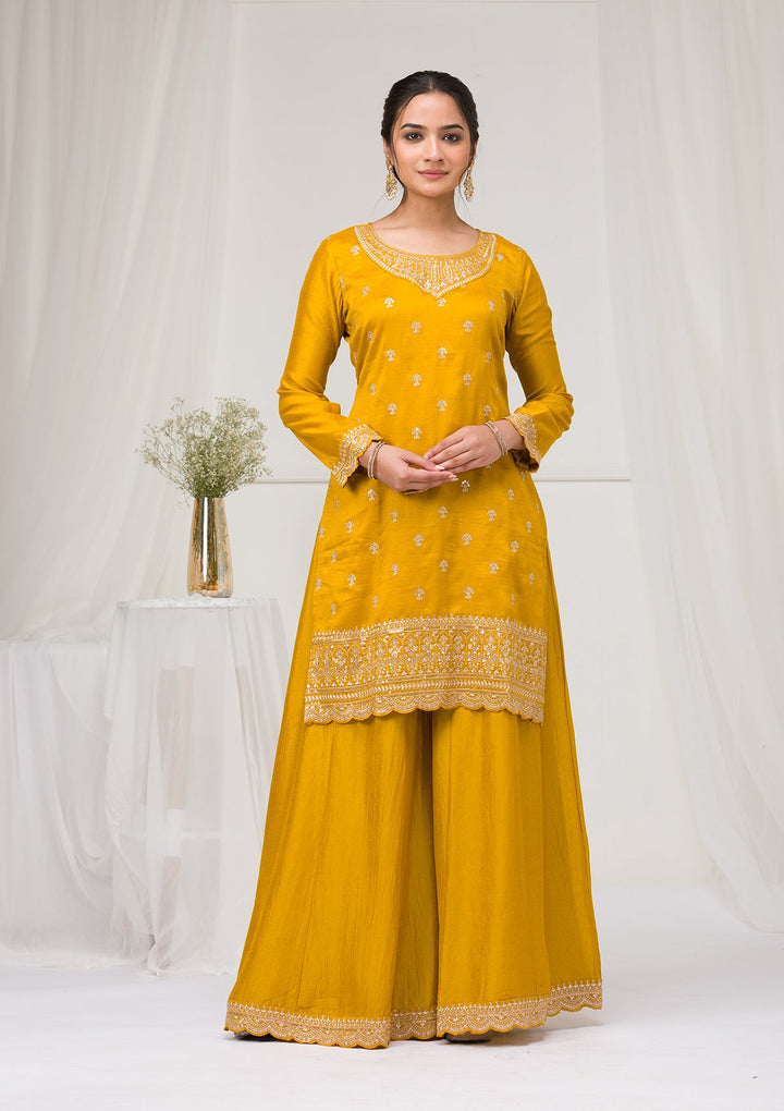 Mustard Zariwork Raw Silk Readymade Salwar Suit-Koskii