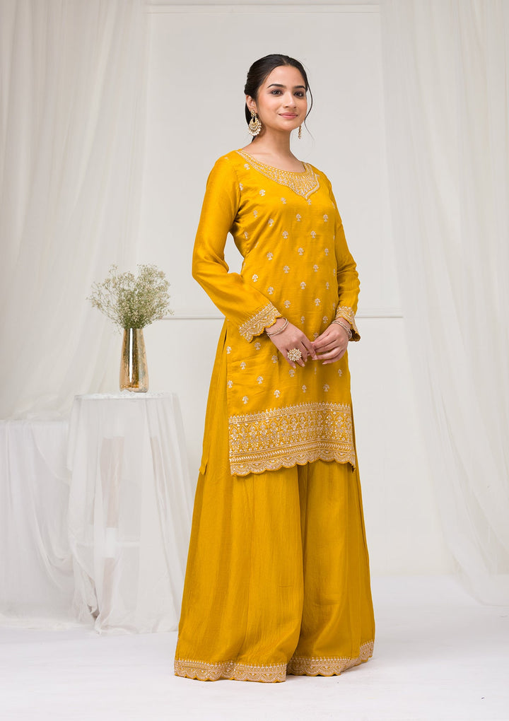 Mustard Zariwork Raw Silk Readymade Salwar Suit-Koskii