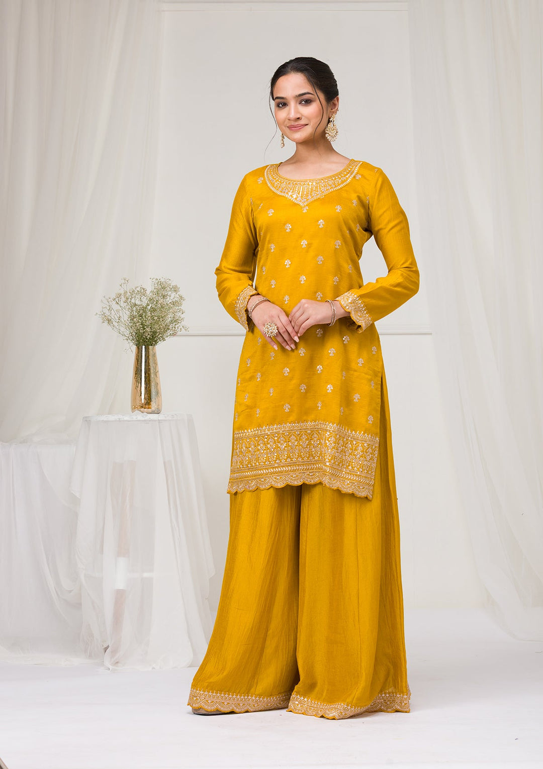 Mustard Zariwork Raw Silk Readymade Salwar Suit-Koskii