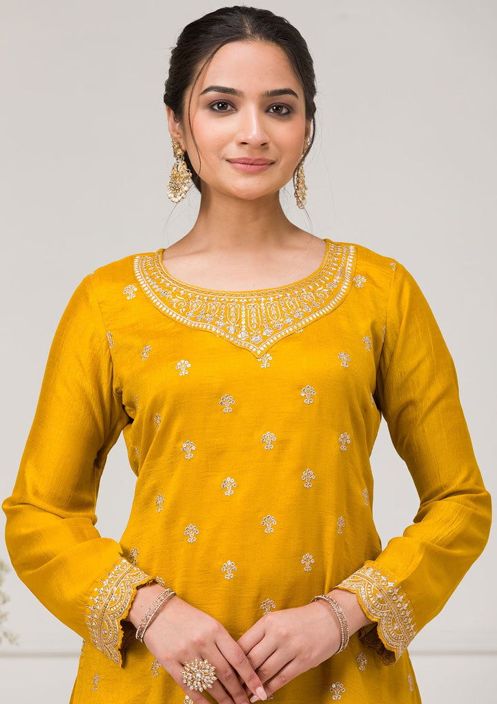 Mustard Zariwork Raw Silk Readymade Salwar Suit-Koskii