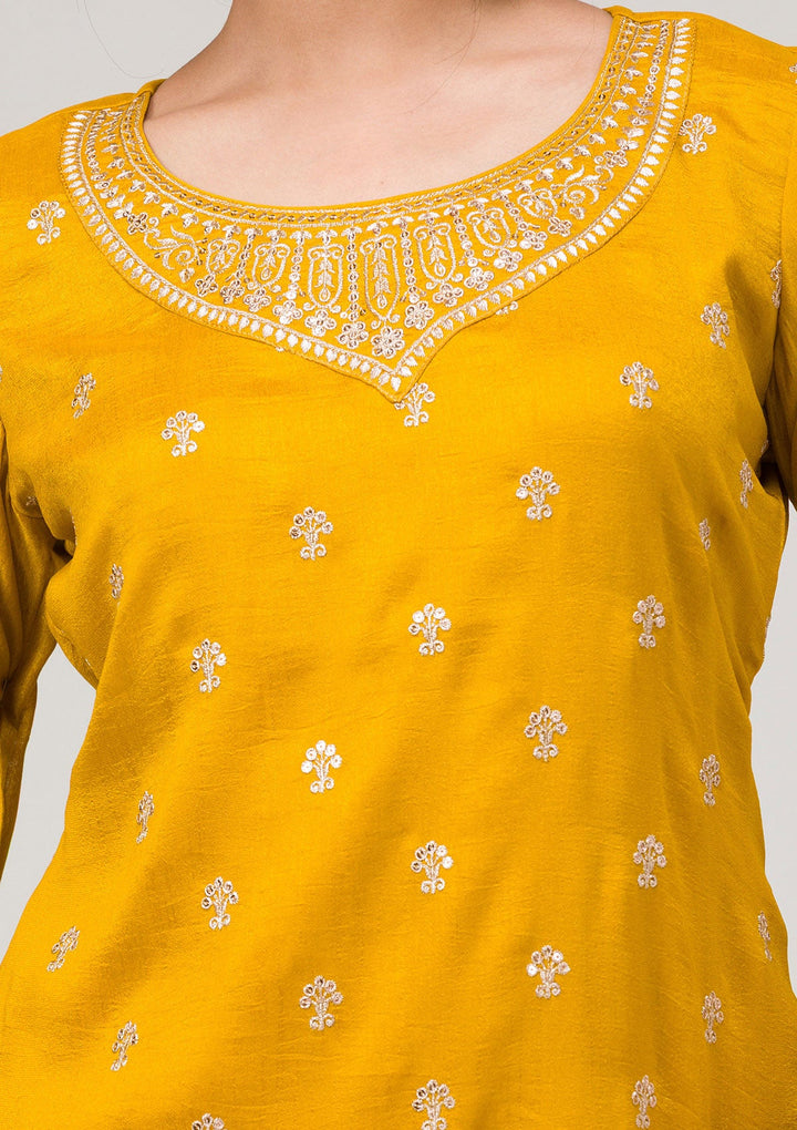 Mustard Zariwork Raw Silk Readymade Salwar Suit-Koskii