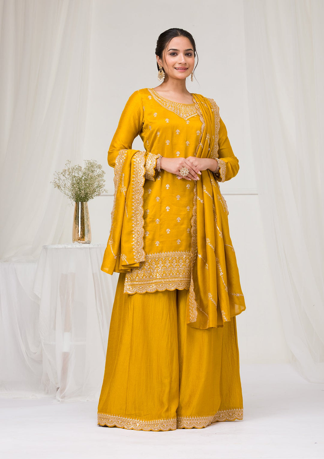 Mustard Zariwork Raw Silk Readymade Salwar Suit-Koskii