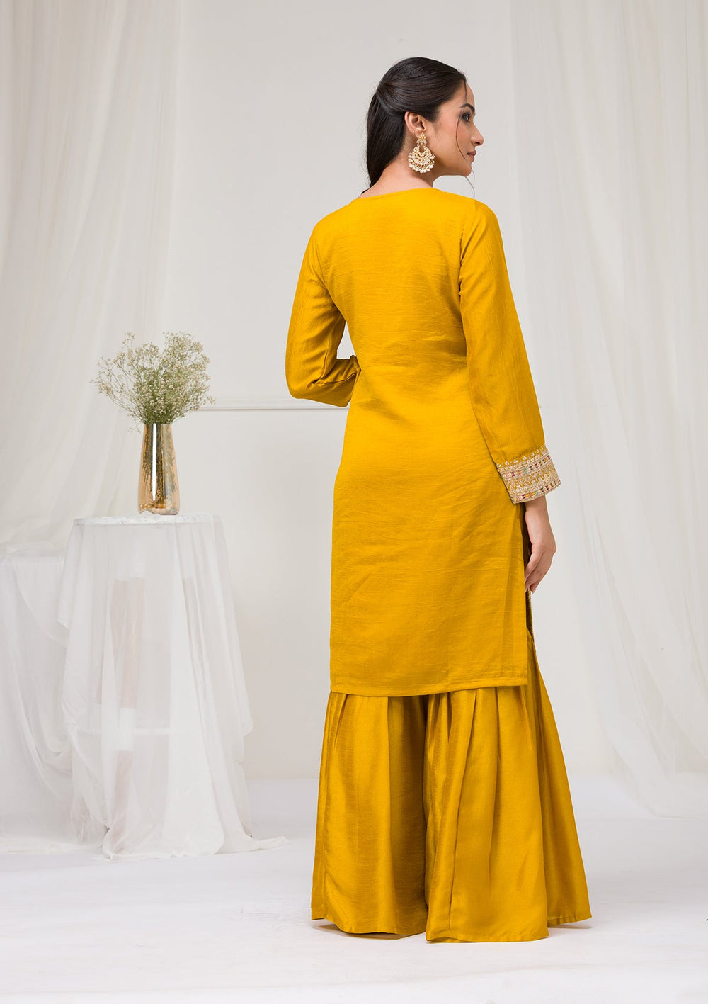 Mustard Zariwork Raw Silk Readymade Salwar Suit-Koskii