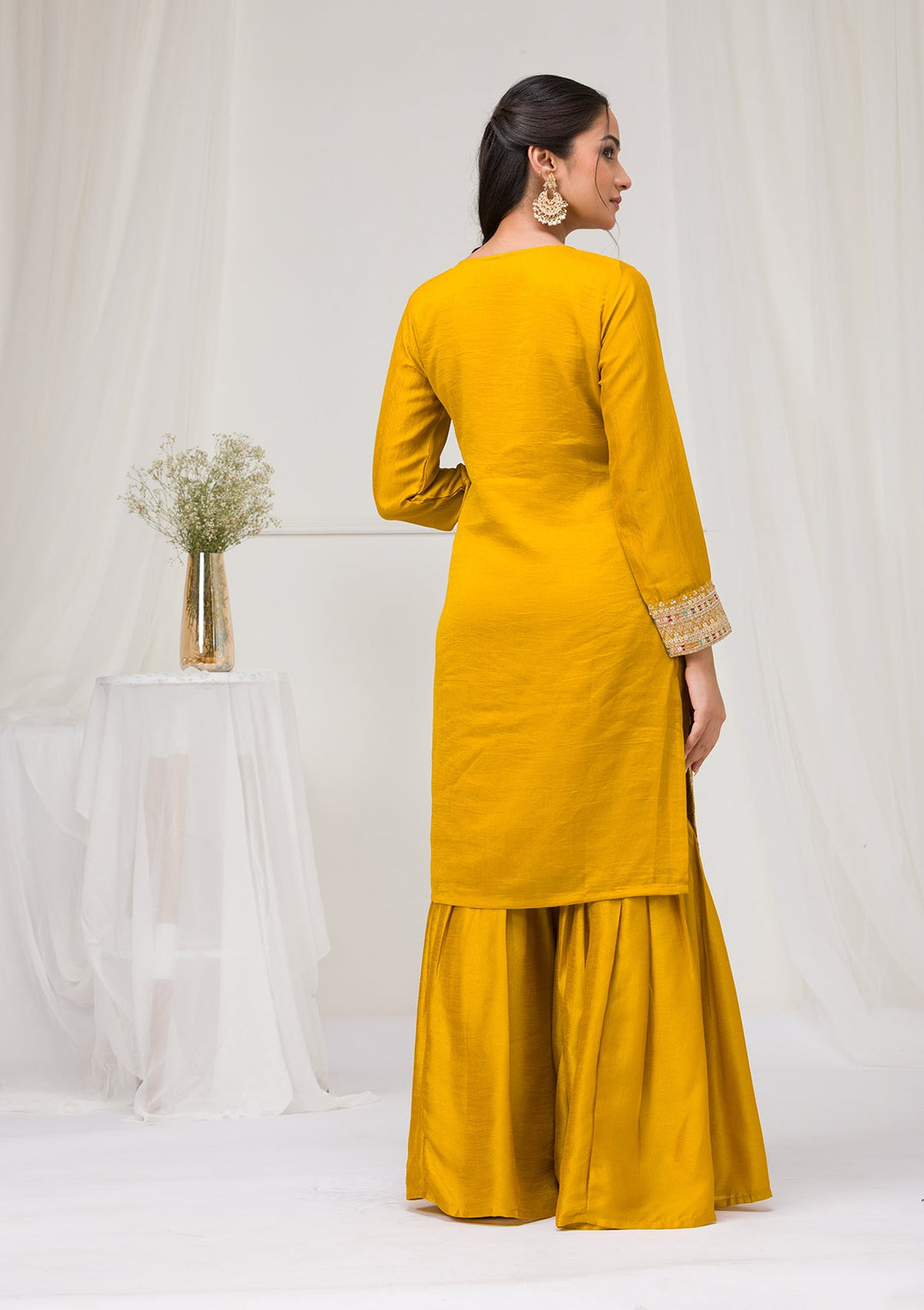 Mustard Zariwork Raw Silk Readymade Salwar Suit-Koskii
