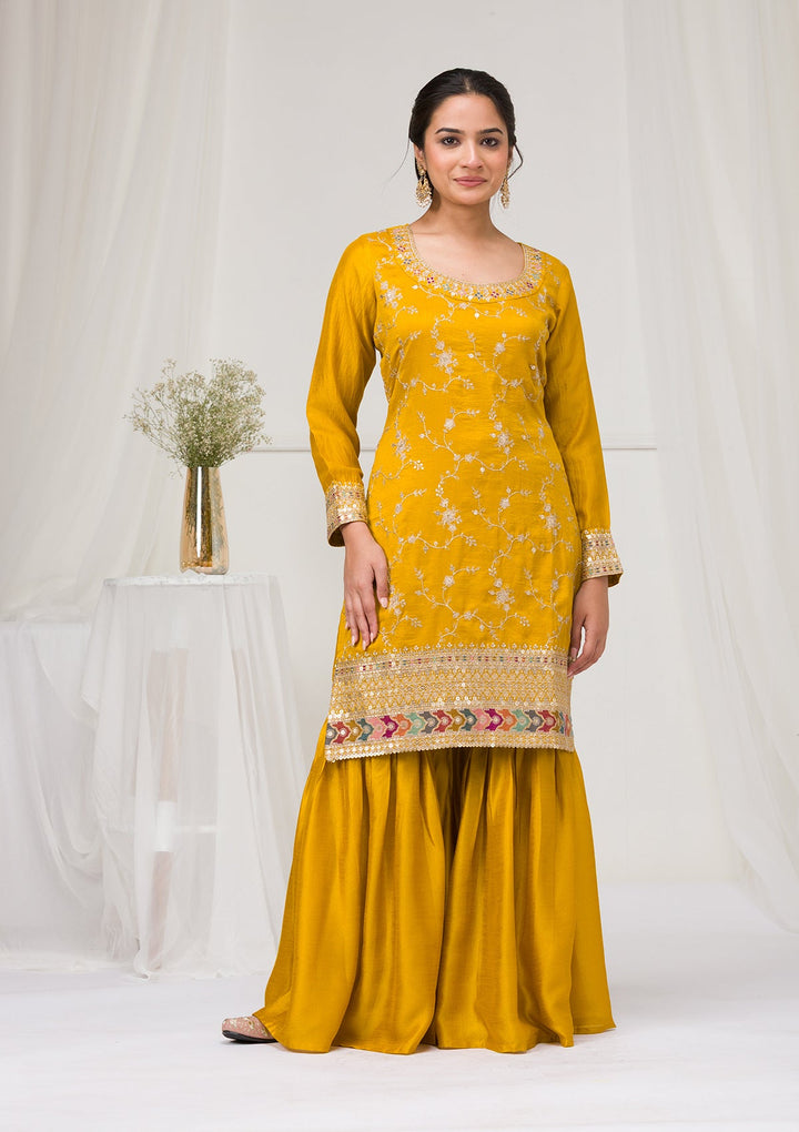 Mustard Zariwork Raw Silk Readymade Salwar Suit-Koskii